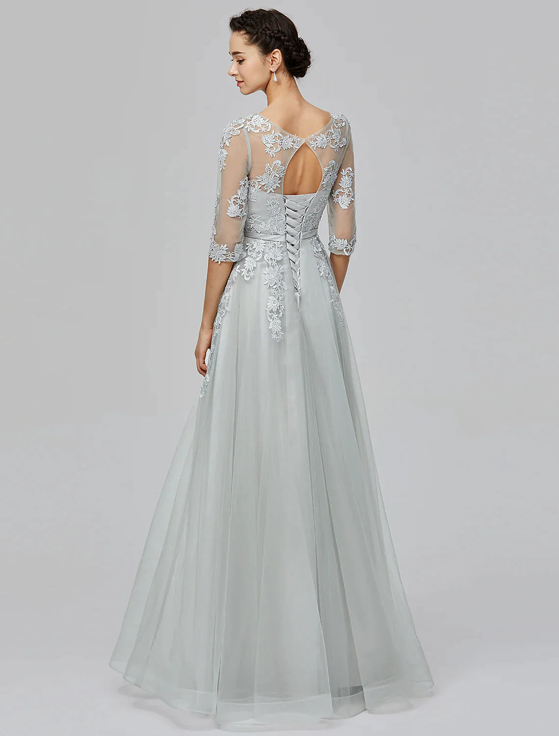 A-Line Dress Wedding Guest Floor Length Half Sleeve Tulle with Bow(s) Appliques