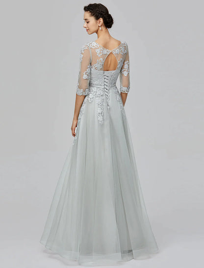 A-Line Dress Wedding Guest Floor Length Half Sleeve Tulle with Bow(s) Appliques