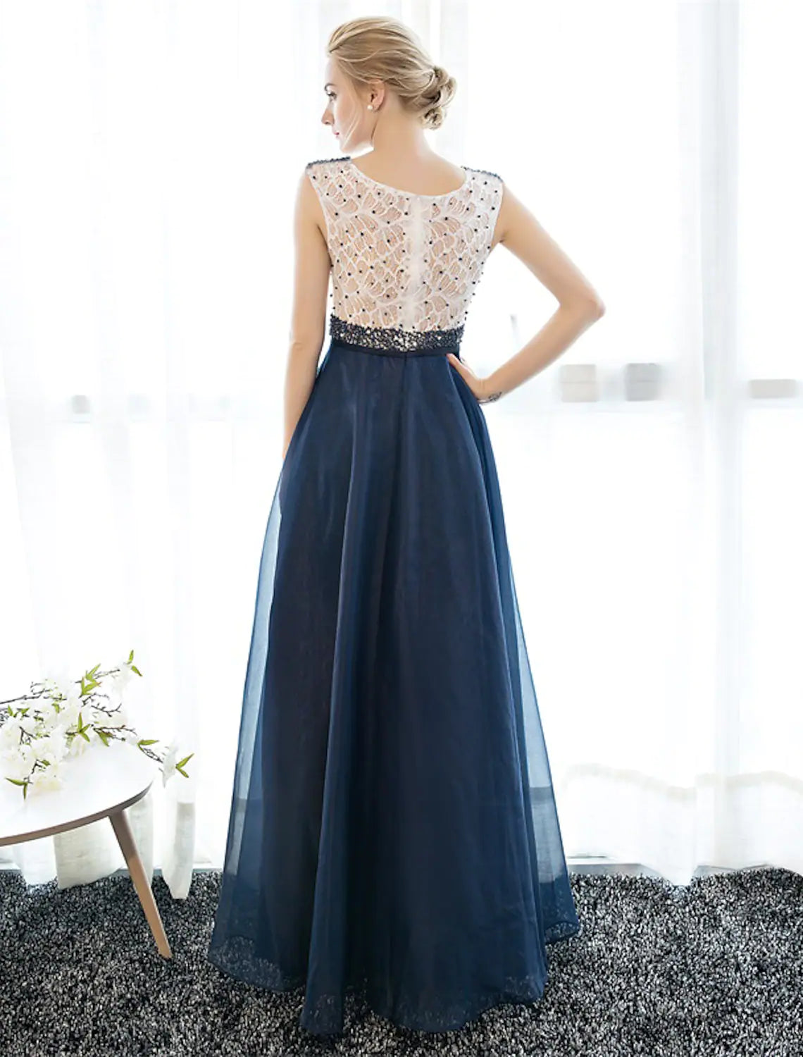 A-Line Elegant Beaded Sequin Prom Formal Evening Dress Sleeveless Floor Length Tulle Over Lace Beading