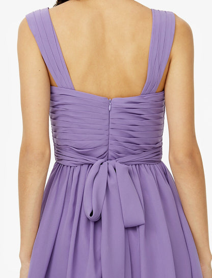 A-Line Bridesmaid Dress Straps Sleeveless Open Back Knee Length Chiffon Sash Ribbon Bow(s)