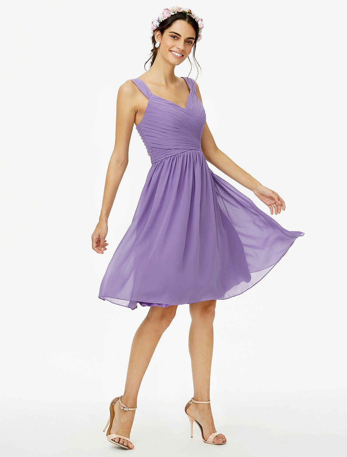 A-Line Bridesmaid Dress Straps Sleeveless Open Back Knee Length Chiffon Sash Ribbon Bow(s)