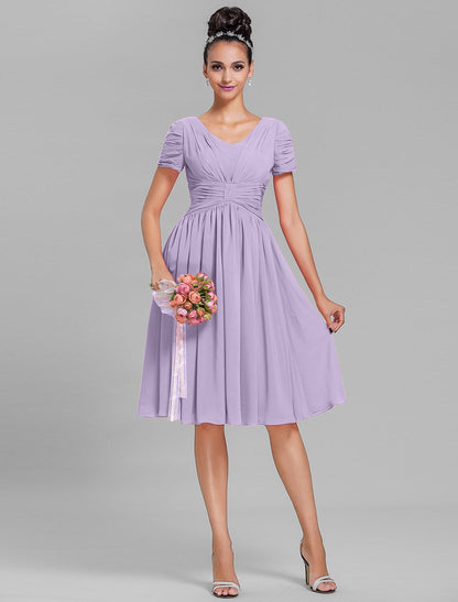 Bridesmaid Dress V Neck Short Sleeve Vintage Inspired Knee Length Chiffon with Ruched Draping