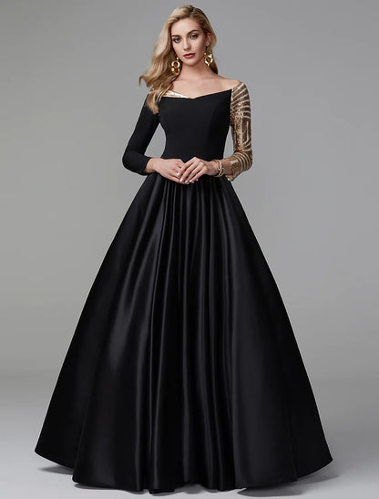 Sparkle Formal Evening Dress Off Shoulder Long Sleeve Floor Length Satin with Sequin