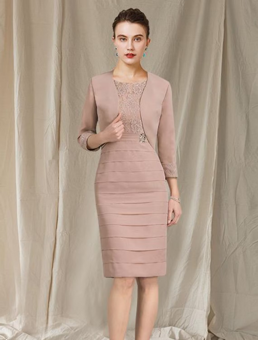 Two Piece Mother of the Bride Dress Church Elegant Knee Length Chiffon Short Sleeve Wrap Included with Tier