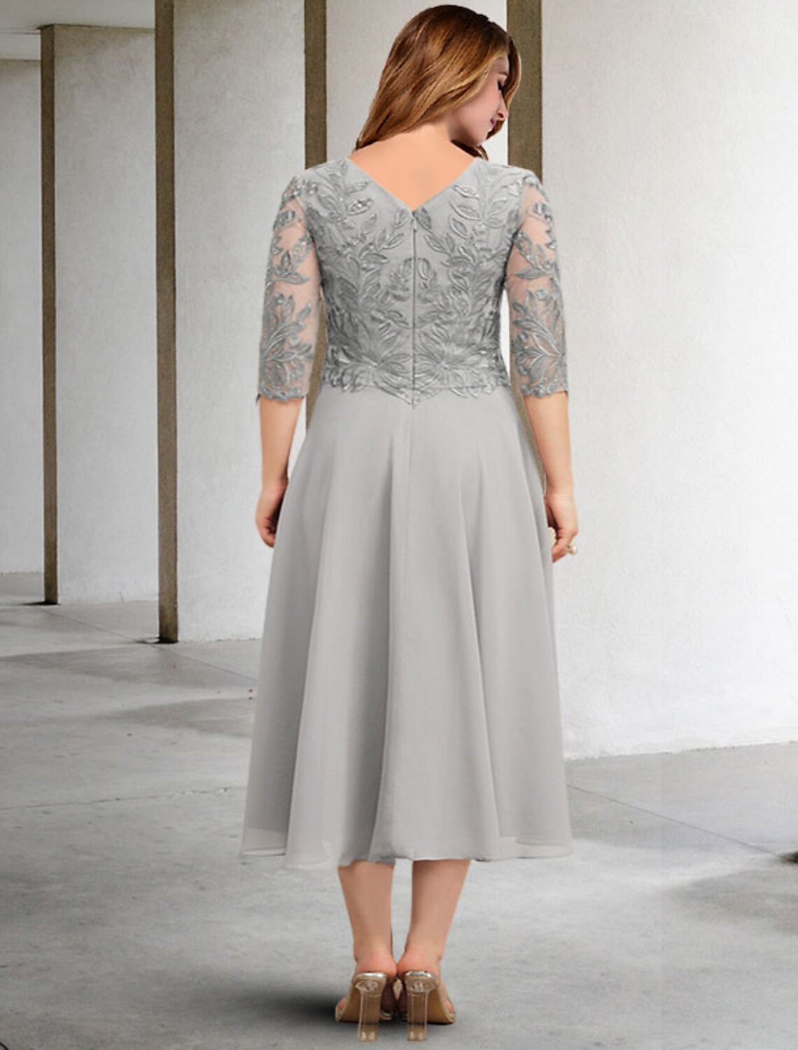 A-Line Plus Size Curve Mother of the Bride Dresses Elegant Dress Formal Length Sleeve Chiffon with Appliques