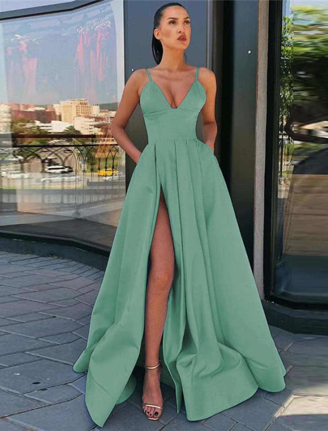 A-Line Prom Dress High Split Evening Dress Formal Birthday Sleeveless with Pleats Split Front