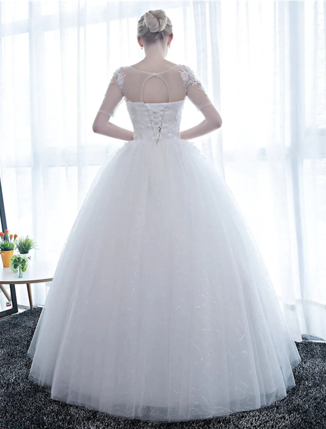 Engagement Open Back Formal Wedding Dresses Floor Length Ball Gown Half Sleeve Scoop Neck Satin With Lace