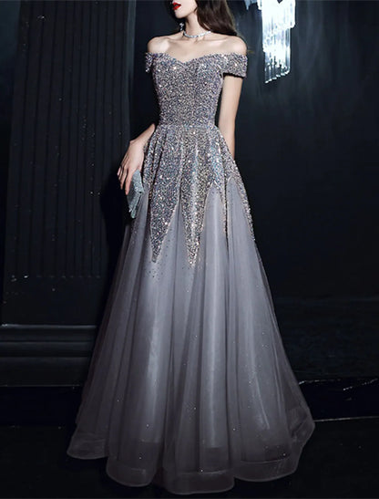 A-Line Prom Dresses Elegant Dress Formal Floor Length Short Sleeve Off Shoulder Polyester with Sequin