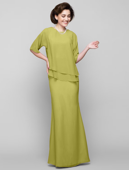 Mother of the Bride Dress Elegant Scoop Neck Floor Length Chiffon Half Sleeve with Pleats