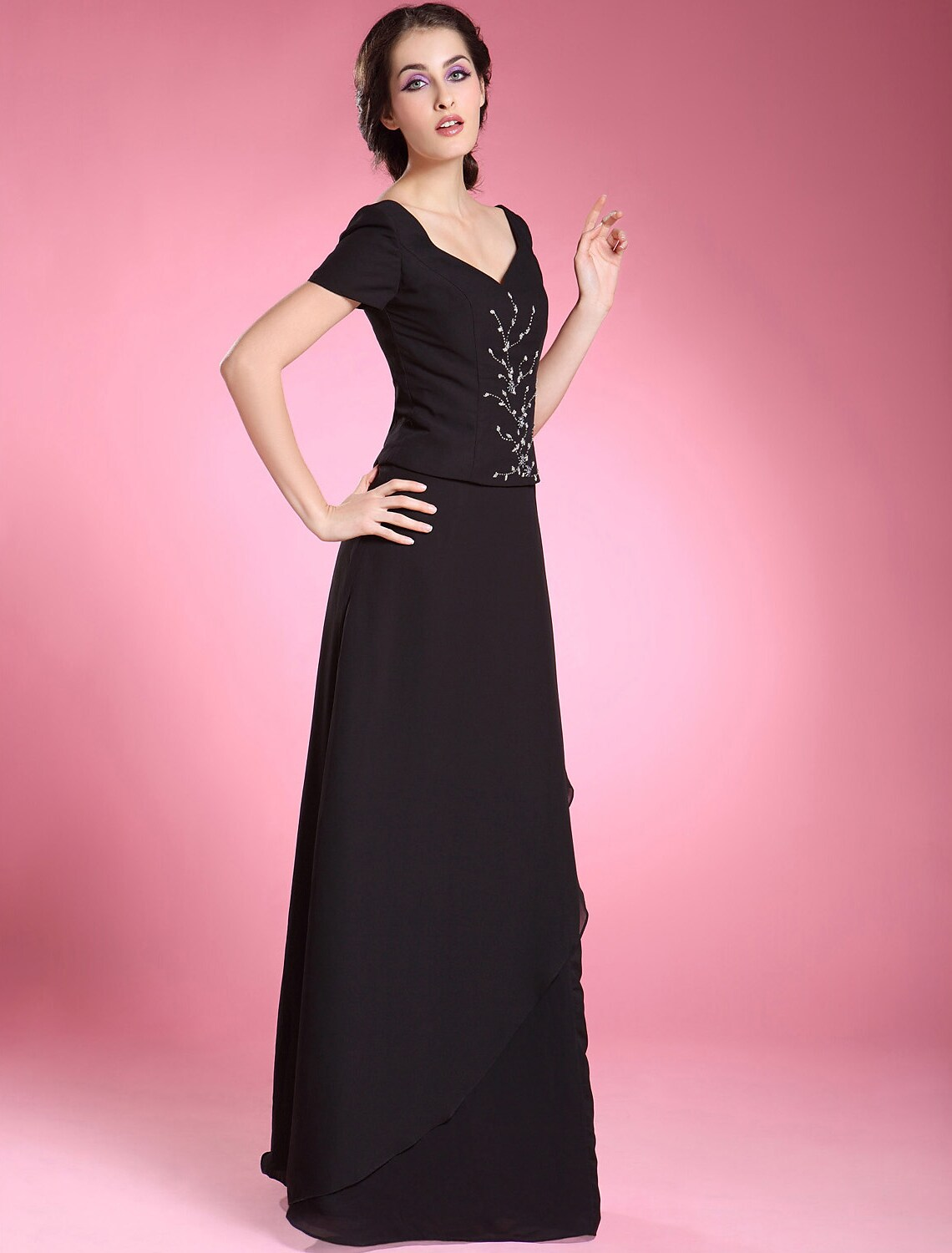 A-Line Dress Formal Evening Floor Length Short Sleeve V Neck Chiffon with Beading Ruffles