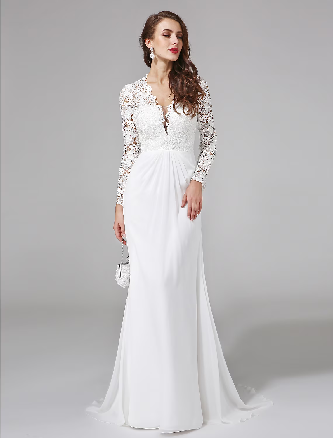 Beach Royal Style Wedding Dresses Long Sleeve V Neck Chiffon With Lace Button