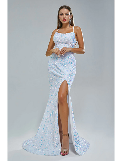 Evening Gown Elegant Dress Party Wear Train Sleeveless Strap Lace Crisscross Back with Sequin Slit