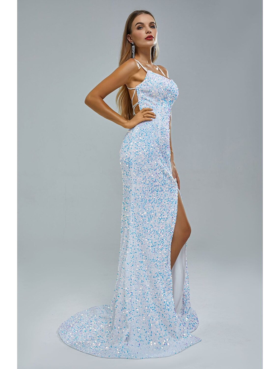 Evening Gown Elegant Dress Party Wear Train Sleeveless Strap Lace Crisscross Back with Sequin Slit