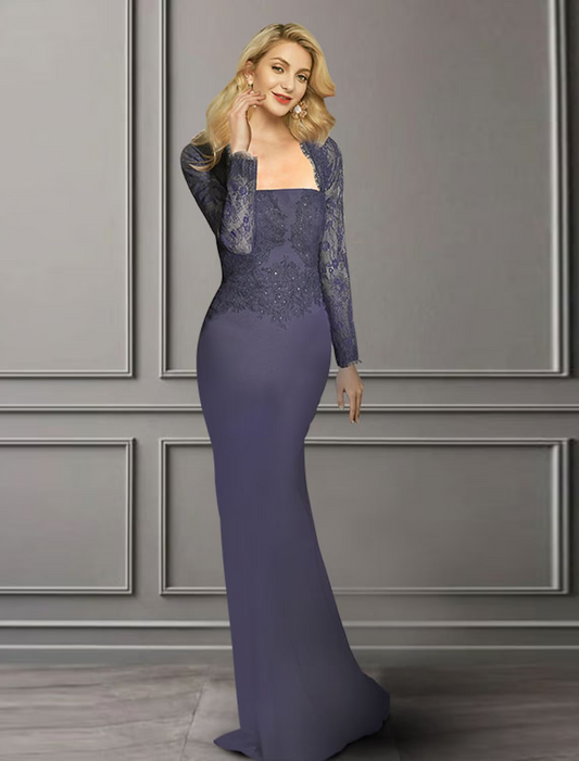 Mother of the Bride Dress Elegant Square Neck Chiffon Lace Long Sleeve with Appliques