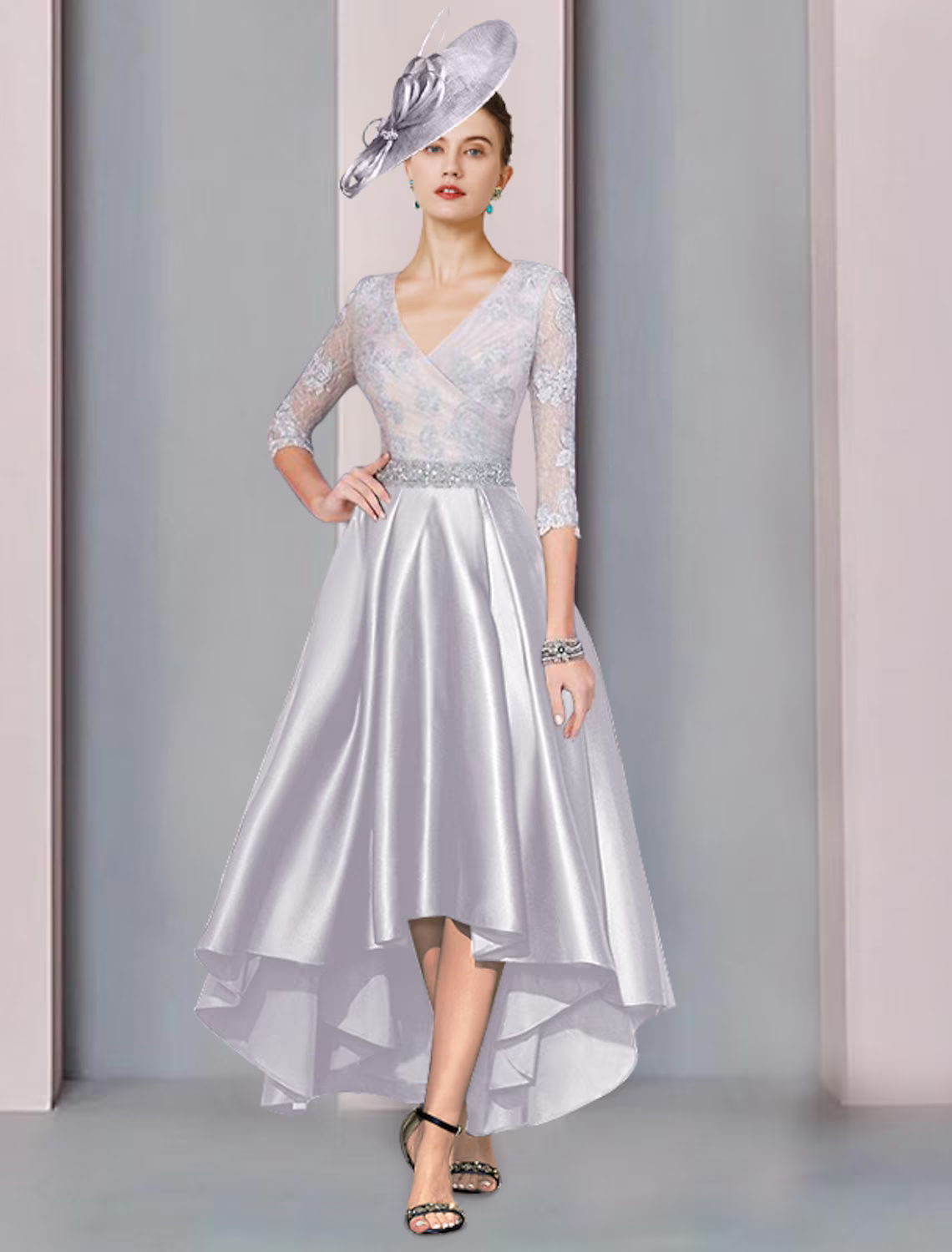 A-Line Mother of the Bride Dress Formal Elegant V Neck Asymmetrical Ankle Length Satin Lace Sleeve with Crystals Appliques