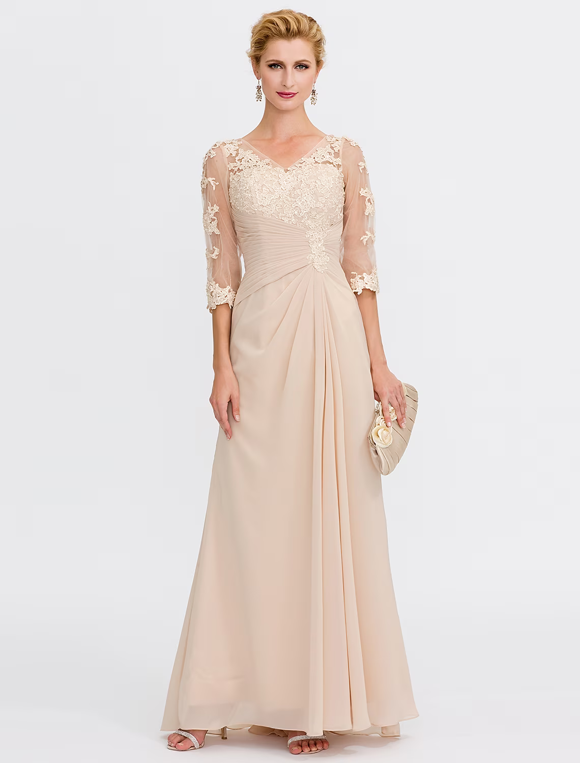 A-Line Mother of the Bride Dress Plus Size Elegant Through V Neck Floor Length Chiffon Half Sleeve with Appliques Side Draping