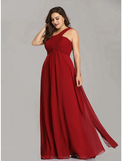 Plus Size Wedding Guest Formal Evening Dress One Shoulder Backless Sleeveless Floor Length Chiffon Pleats Draping