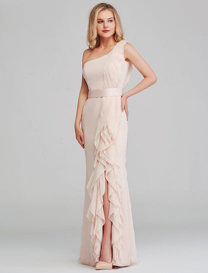 Bridesmaid Dress One Shoulder Sleeveless Elegant Long Length Chiffon with Cascading Ruffles