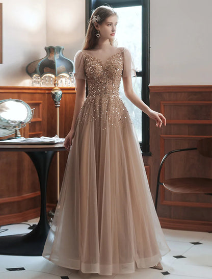 Prom Dresses Engagement Floor Length Sleeveless High Neck Tulle with Bow(s) Beading Sequin