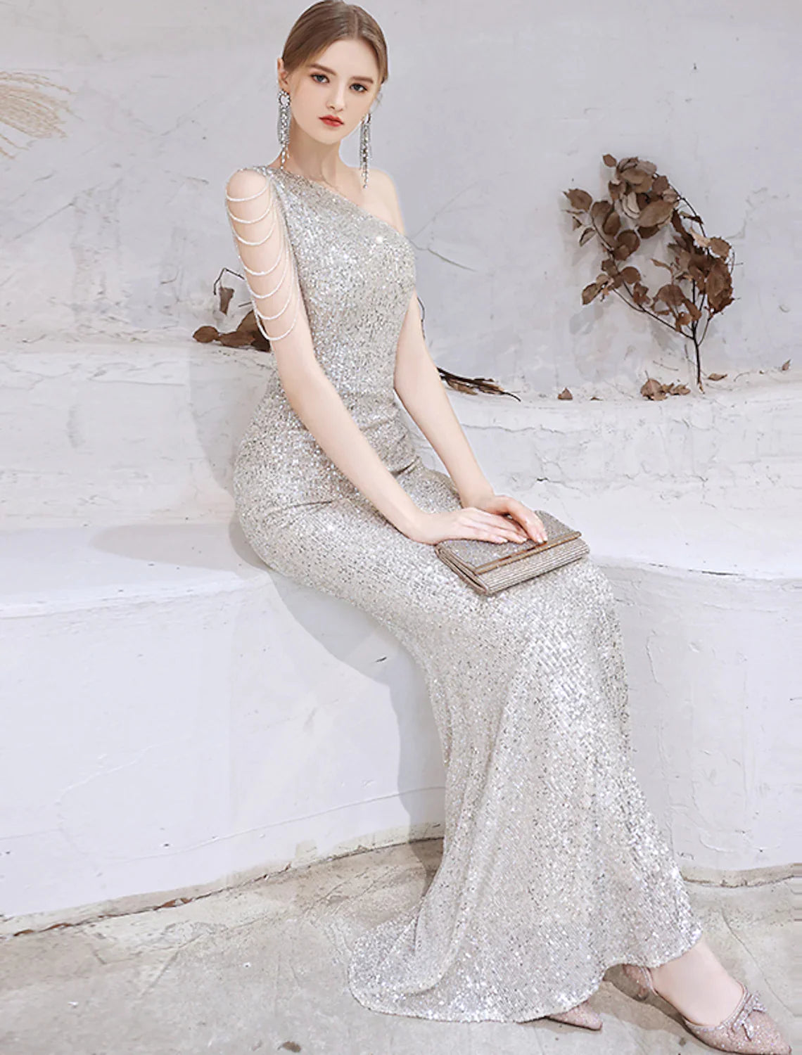 Evening Gown Dress Wedding Floor Length Sleeveless One Shoulder Sequined with Beading