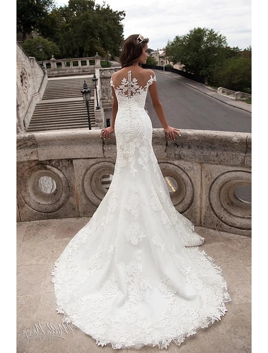 Engagement Open Back Formal Wedding Dresses Short Sleeve Off Shoulder Lace Applique