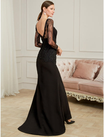 Evening Gown Sexy Dress Party Long Sleeve V Neck Chiffon  Beading Slit Appliques