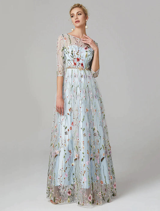 A-Line Evening Gown Elegant Dress Floor Length Sleeve Lace with Embroidery