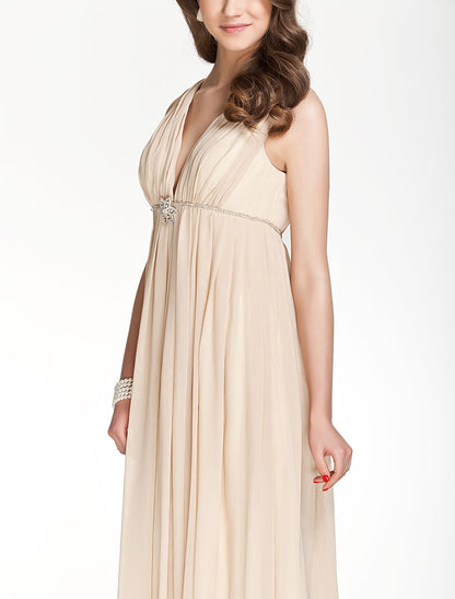 A-Line Bridesmaid Dress V Neck Sleeveless Beautiful Floor Length Chiffon with Pleats Beading