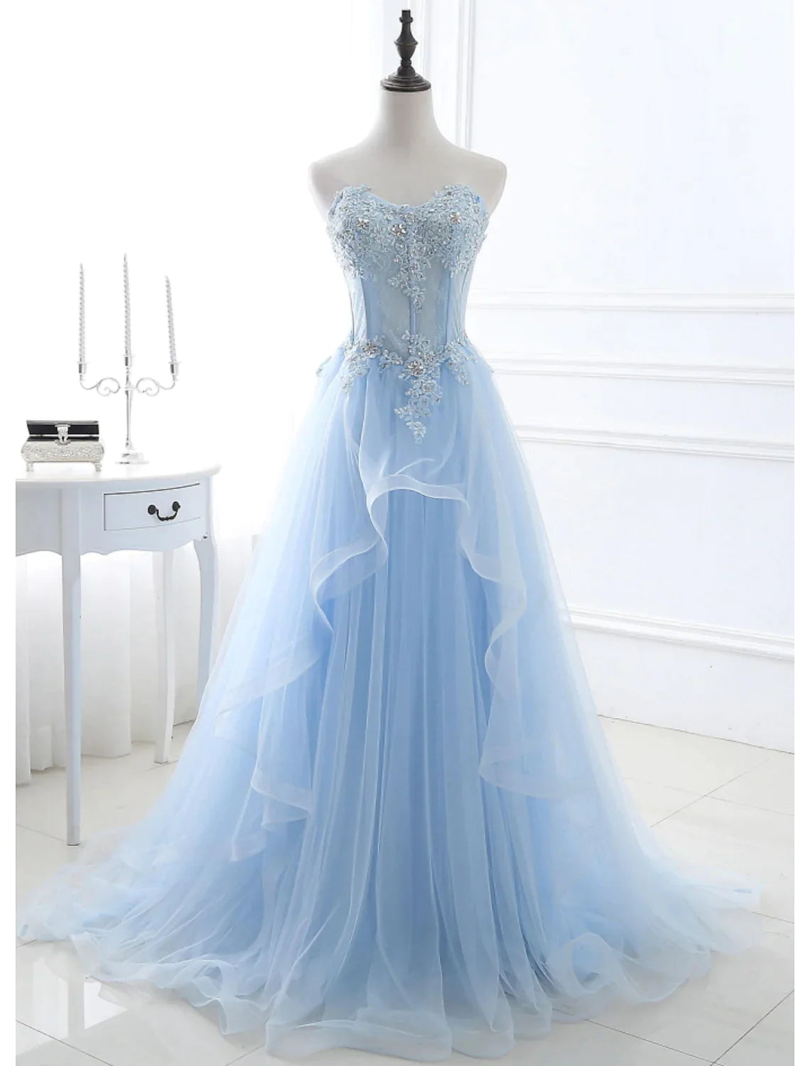 A-Line Sexy Engagement Prom Birthday Dress Strapless Sleeveless  Lace Pleats