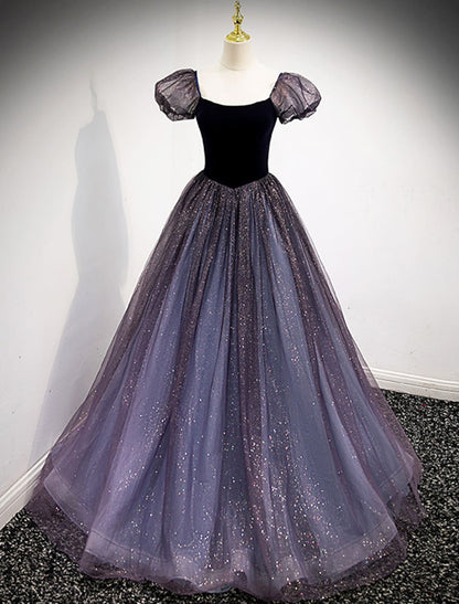 Dresses Engagement Floor Length Short Sleeve Square Neck Tulle with Sequin Splicing