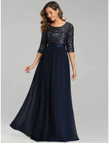 A-Line Elegant Wedding Guest Formal Evening Dress Length Sleeve Floor Length Tulle with Sequin