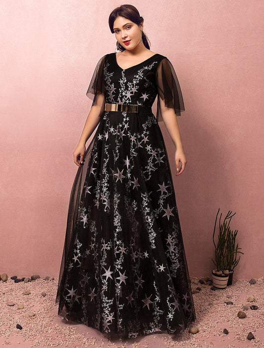 A-Line Plus Size Prom Formal Evening Dress V Neck Half Sleeve Floor Length Lace with Sash Ribbon Pleats Sequin