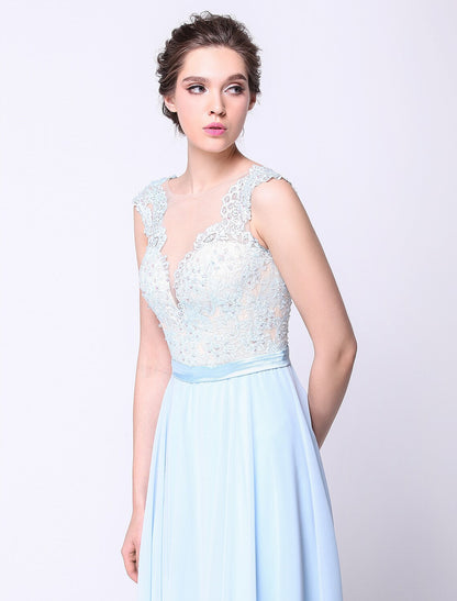 Open Back Dress Holiday Floor Length Sleeveless Chiffon Beading Appliques