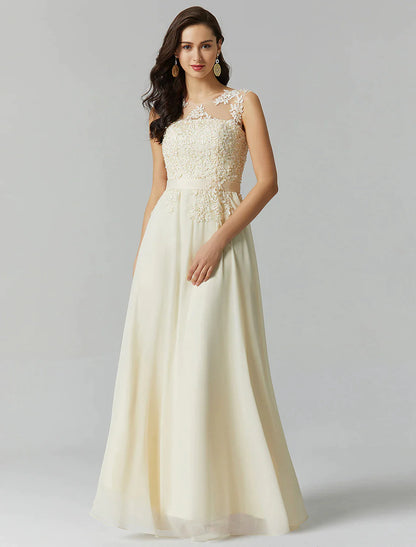 A-Line Evening Gown Wedding Floor Length Sleeveless  Georgette with Appliques