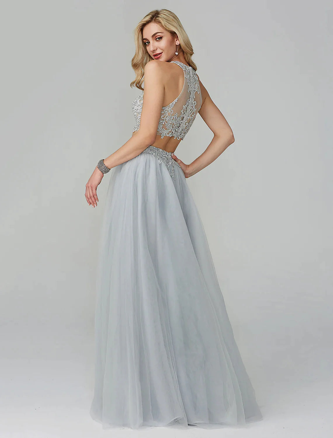 Two Piece Prom Formal Evening Dress Sleeveless Floor Length Lace