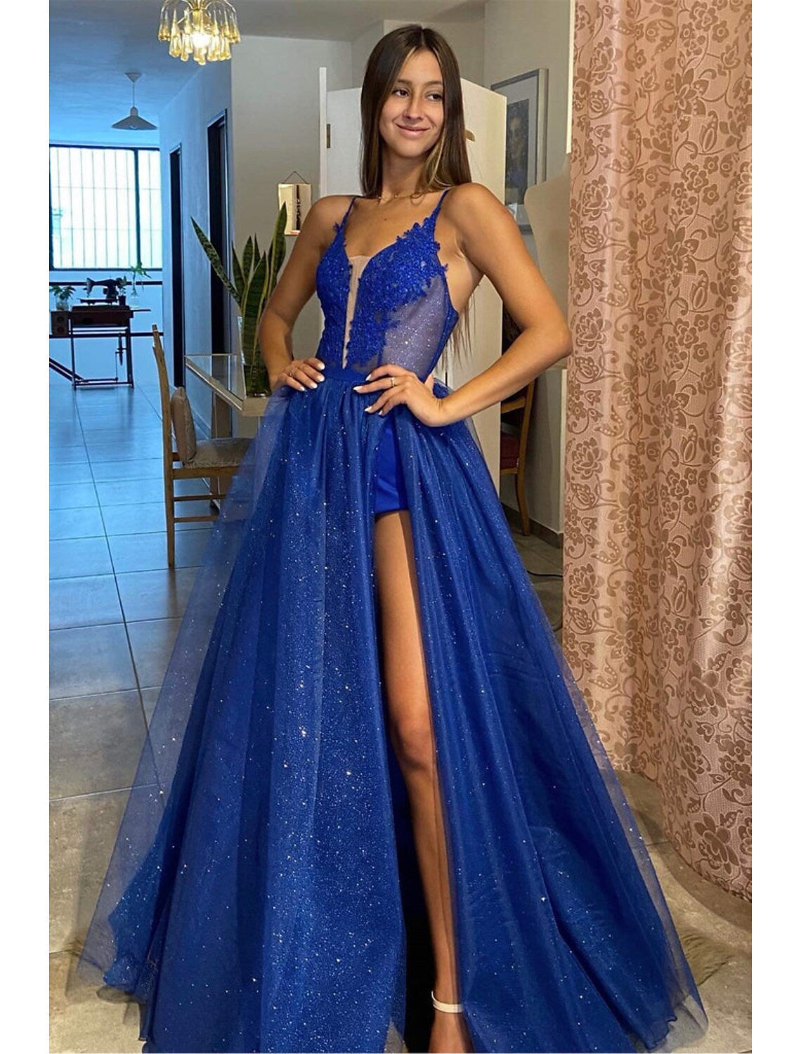 A-Line Prom Dresses Sexy Dress Formal Sleeveless V Neck Tulle Backless with Pleats Appliques