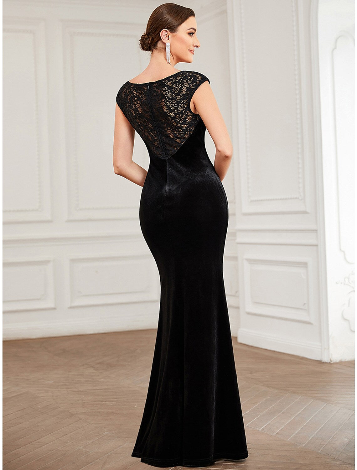 Evening Gown Elegant Dress Formal Floor Length Short Sleeve Velvet Lace Insert