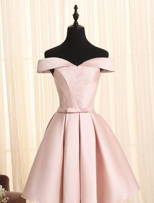 Elegant Engagement Party Dress Off Shoulder Sleeveless Short Mini Satin with Bow(s) Lace