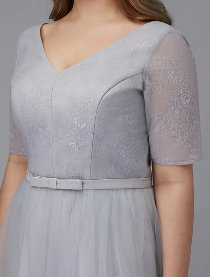 A-Line Elegant Dress Wedding Short Sleeve V Neck Lace Lace-up with Sash