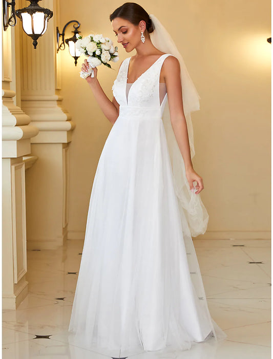 Casual Wedding Dresses Floor Length A-Line Sleeveless Tulle Pleats