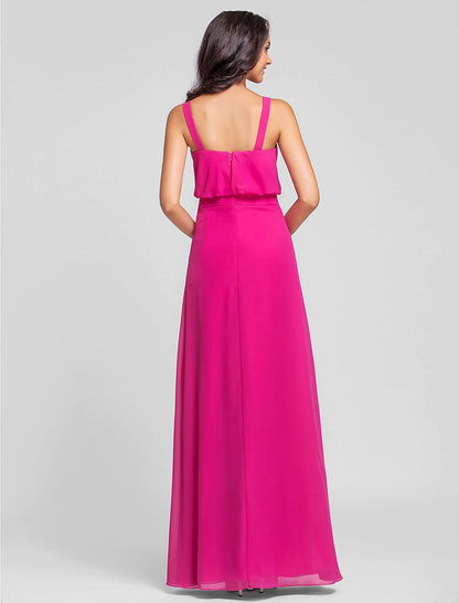 Bridesmaid Dress Straps Sleeveless Floor Length Chiffon with Draping