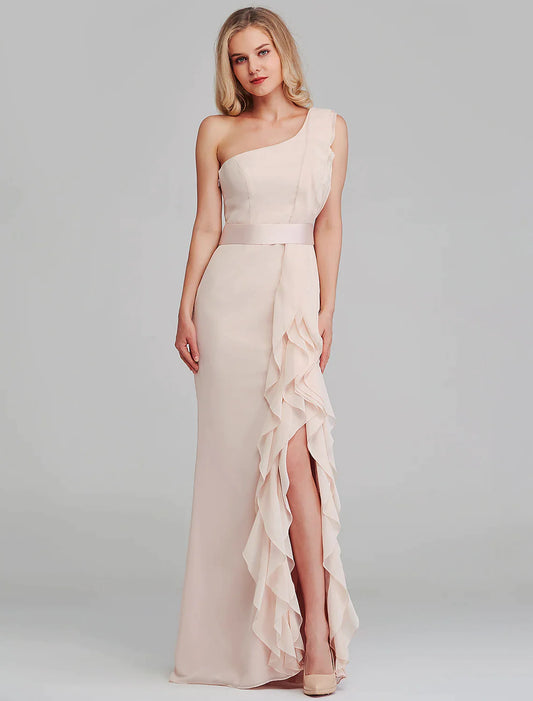 Bridesmaid Dress One Shoulder Sleeveless Elegant Long Length Chiffon with Cascading Ruffles