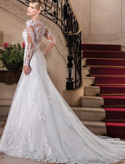 Engagement Formal Wedding Dresses Chapel  Long Sleeve V Neck Lace Beading