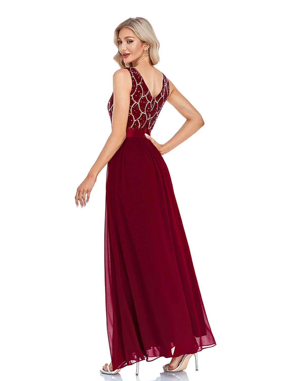 A-Line Evening Gown Sexy Dress Wedding Sleeveless V Neck Chiffon V Back with Sequin Splicing