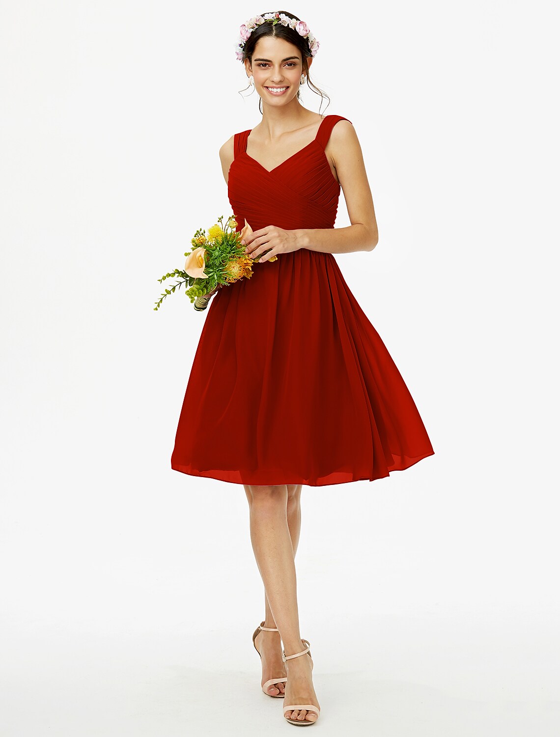 A-Line Bridesmaid Dress Straps Sleeveless Open Back Knee Length Chiffon Sash Ribbon Bow(s)