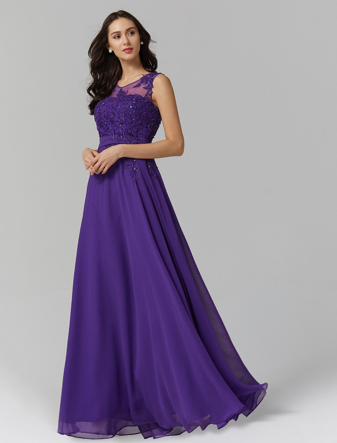 A-Line Evening Dresses Wedding Guest Floor Length Sleeveless Chiffon V Back Beading Appliques