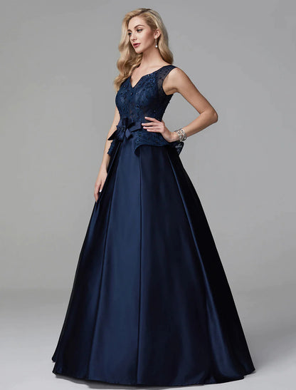 Formal Evening Dress V Neck Sleeveless Floor Length Lace with Bow(s) Beading