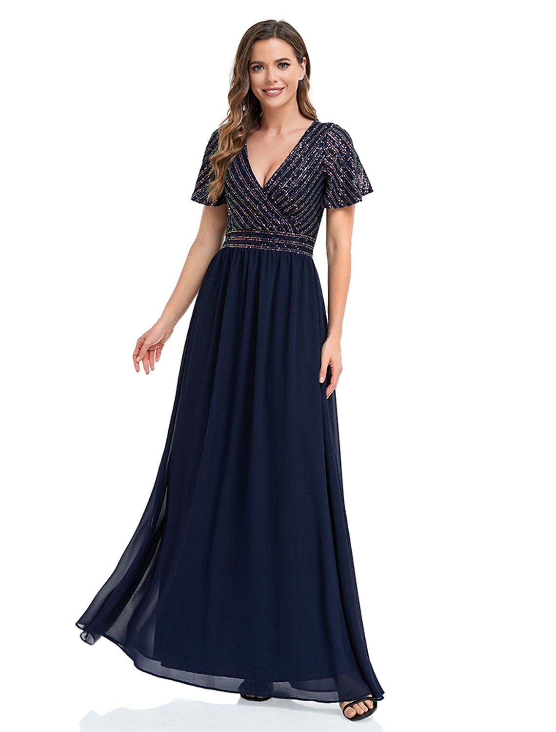 A-Line Evening Gown Elegant Dress Floor Length Short Sleeve V Neck Sequined