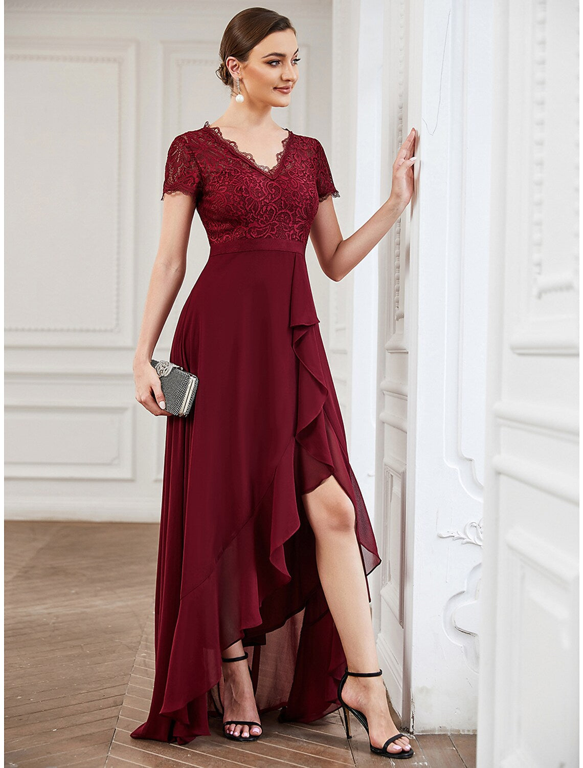 A-Line Cocktail Dresses Dress Wedding Party Asymmetrical Short Sleeve V Neck Lace with Slit