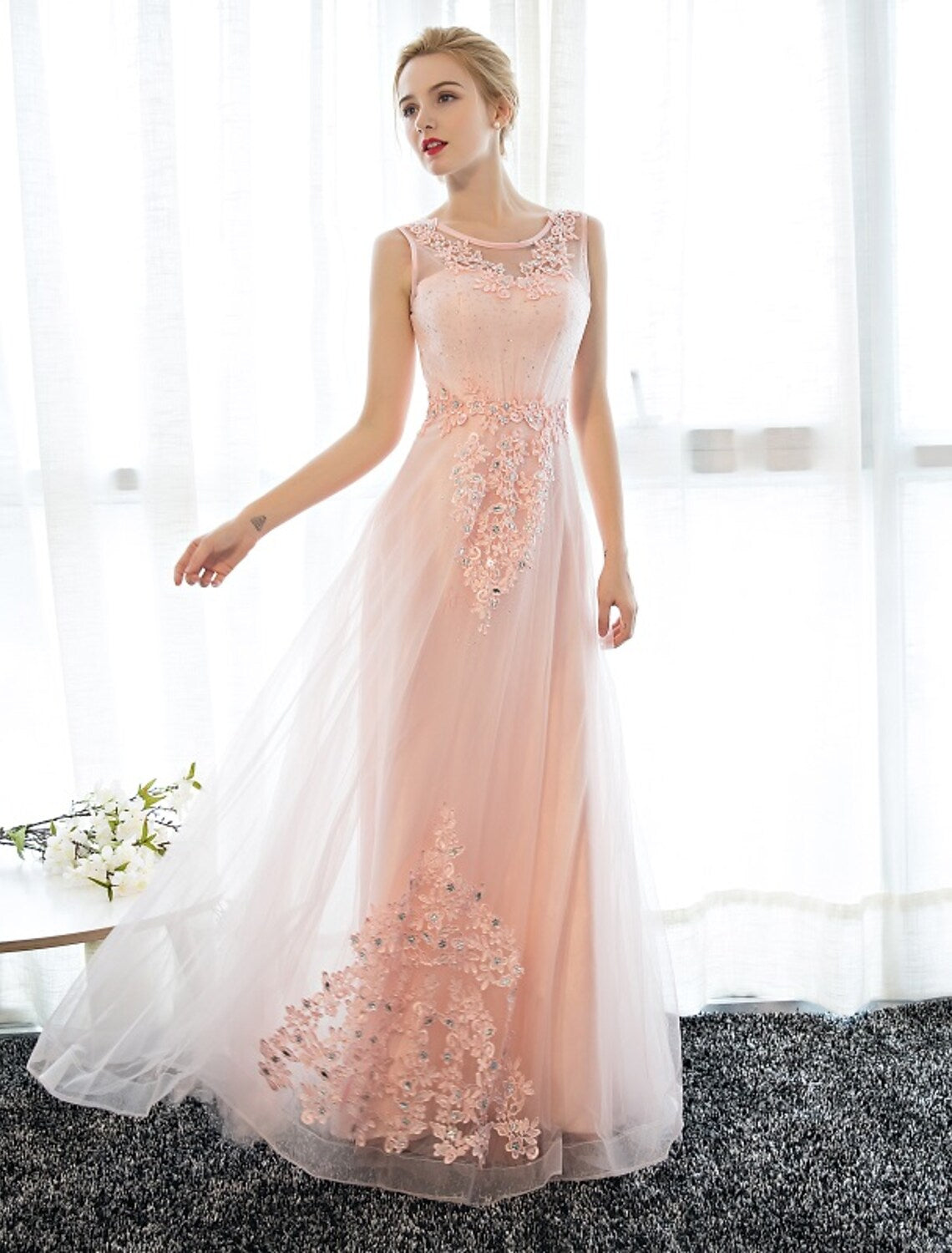 Dress Wedding Guest Floor Length Sleeveless Satin with Crystals Appliques